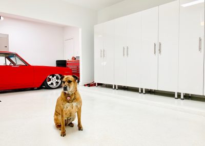 dog and classic car in garage with polyaspartic floor coating and custom storage